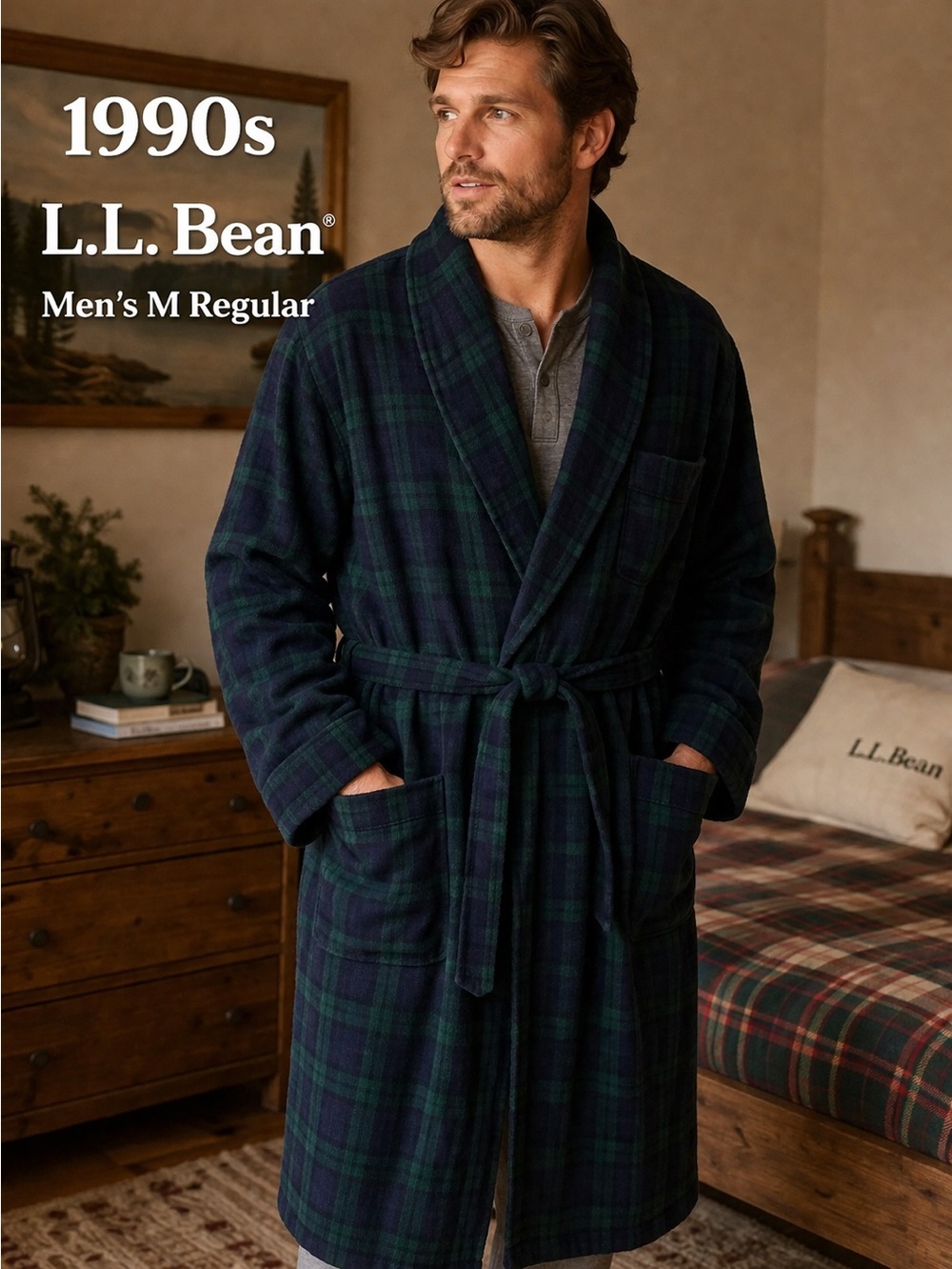 L.L. Bean Blackwatch Plaid Robe Men’s M Brushed Cotton Belted